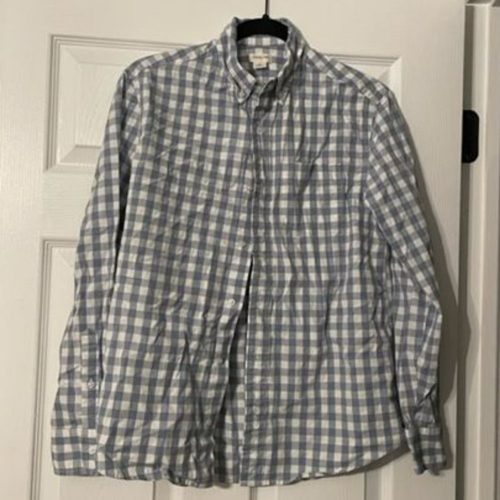 J. Crew Factory Boys Gray Blue and White Gingham Button-Down Shirt